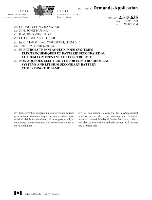 Canadian Patent Document 2315635. Cover Page 20000927. Image 1 of 1