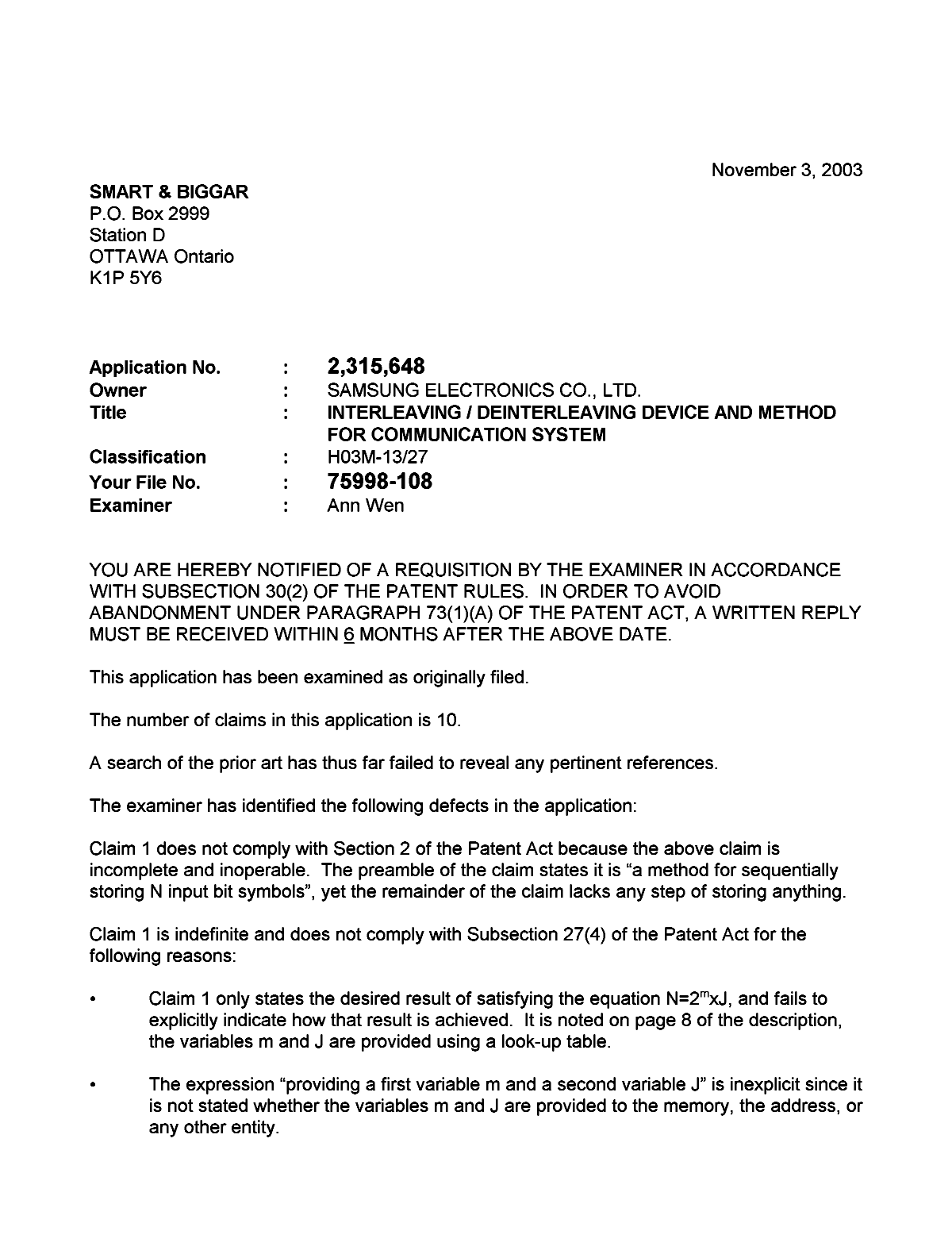 Canadian Patent Document 2315648. Prosecution-Amendment 20031103. Image 1 of 2