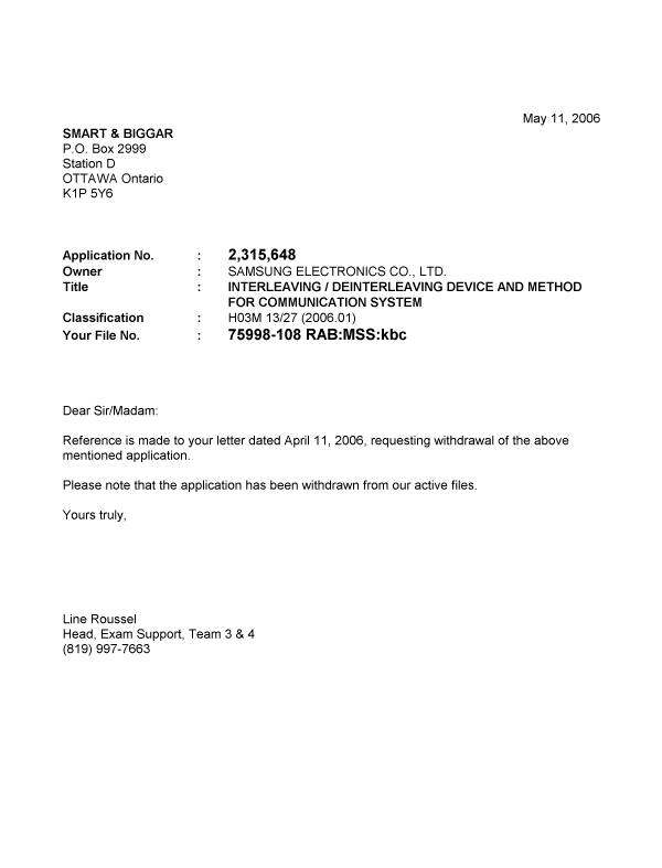 Document de brevet canadien 2315648. Correspondance 20060511. Image 1 de 1