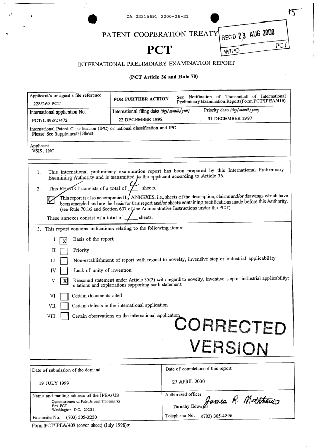 Canadian Patent Document 2315691. PCT 20000621. Image 1 of 5