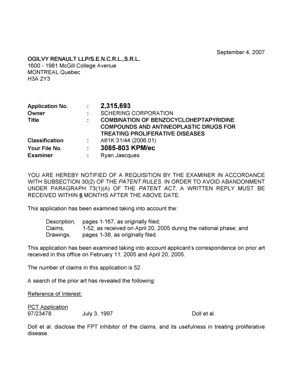 Canadian Patent Document 2315693. Prosecution-Amendment 20070904. Image 1 of 3