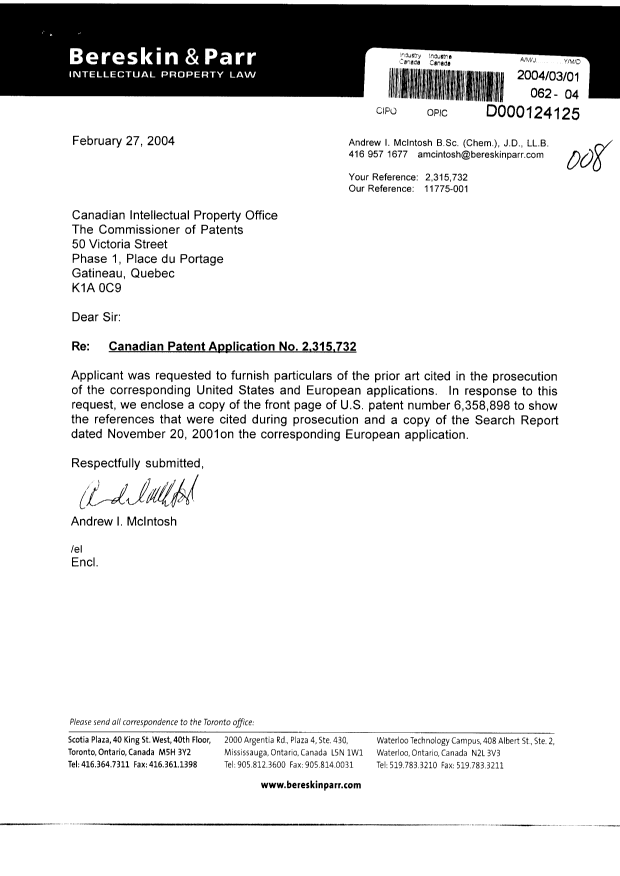 Canadian Patent Document 2315732. Prosecution-Amendment 20040301. Image 1 of 1