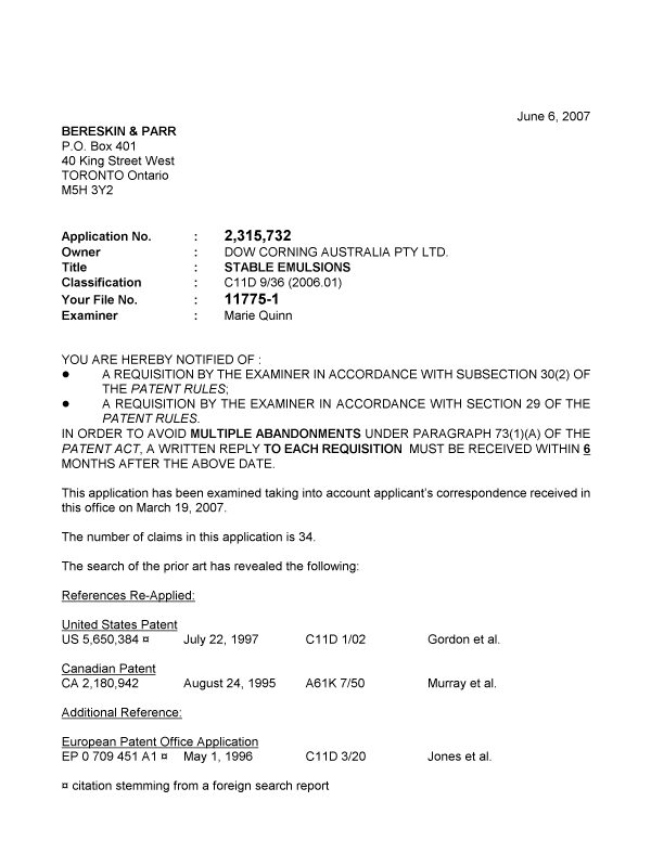 Canadian Patent Document 2315732. Prosecution-Amendment 20070606. Image 1 of 3