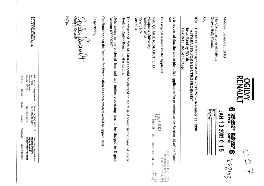 Canadian Patent Document 2315757. Prosecution-Amendment 20030113. Image 1 of 1