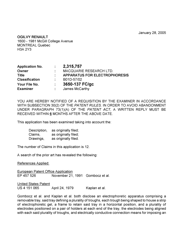 Document de brevet canadien 2315757. Poursuite-Amendment 20050128. Image 1 de 4