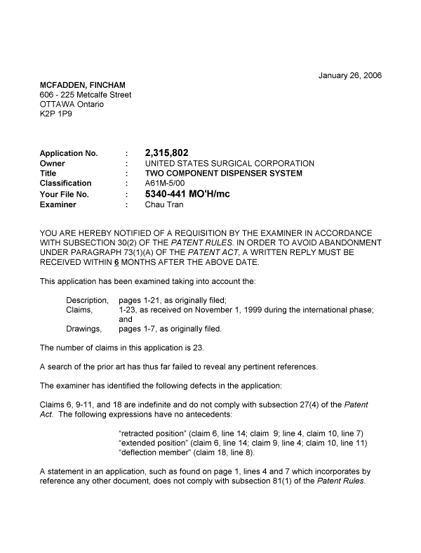 Canadian Patent Document 2315802. Prosecution-Amendment 20060126. Image 1 of 2
