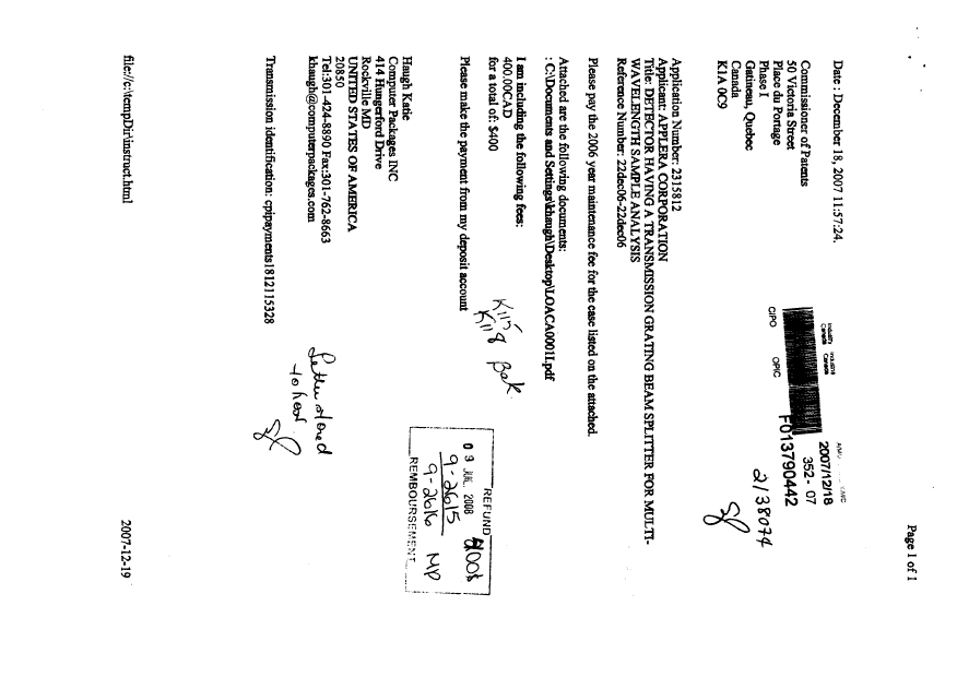 Canadian Patent Document 2315812. Fees 20080709. Image 1 of 2