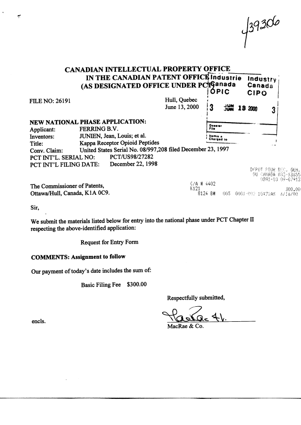 Document de brevet canadien 2315878. Cession 20000613. Image 1 de 3