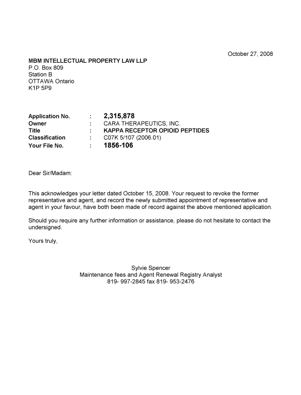 Document de brevet canadien 2315878. Correspondance 20081027. Image 1 de 1