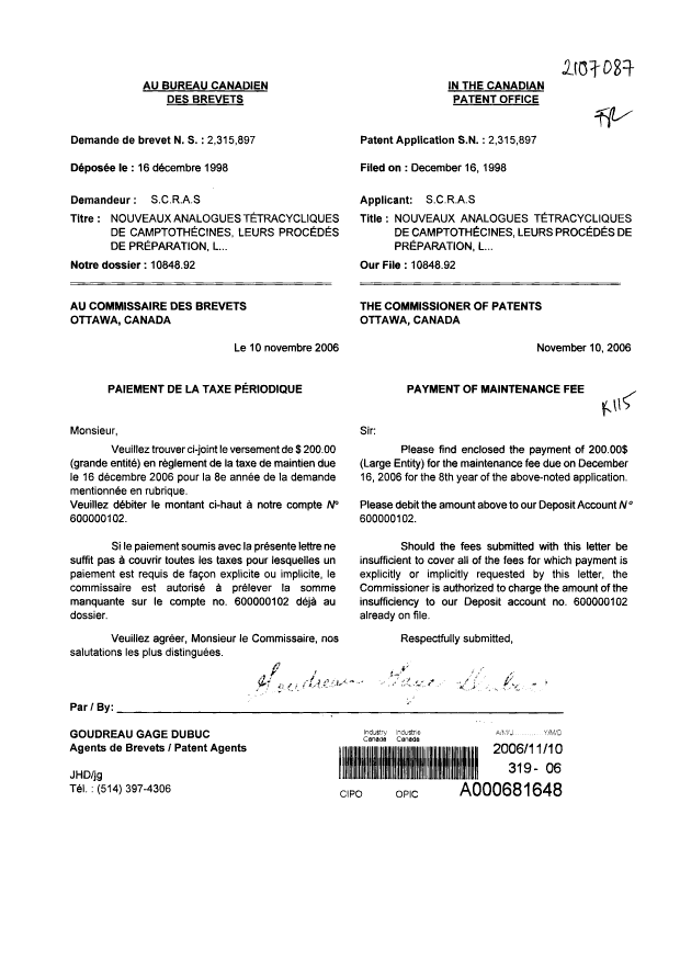 Canadian Patent Document 2315897. Fees 20061110. Image 1 of 1