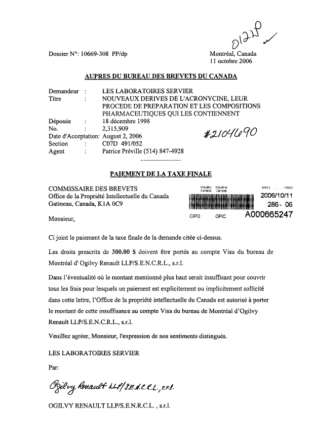 Canadian Patent Document 2315909. Correspondence 20061011. Image 1 of 1