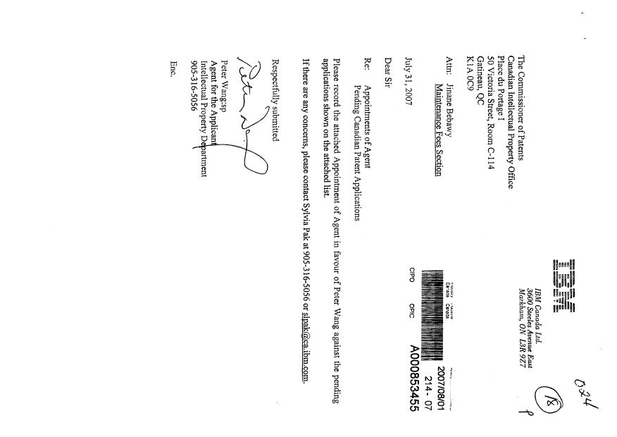 Canadian Patent Document 2316003. Correspondence 20070801. Image 1 of 3