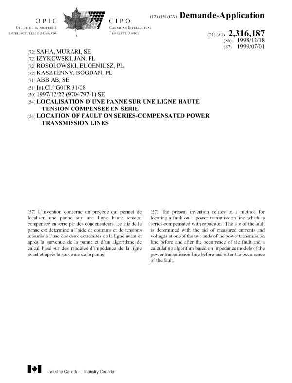 Document de brevet canadien 2316187. Page couverture 20000926. Image 1 de 1