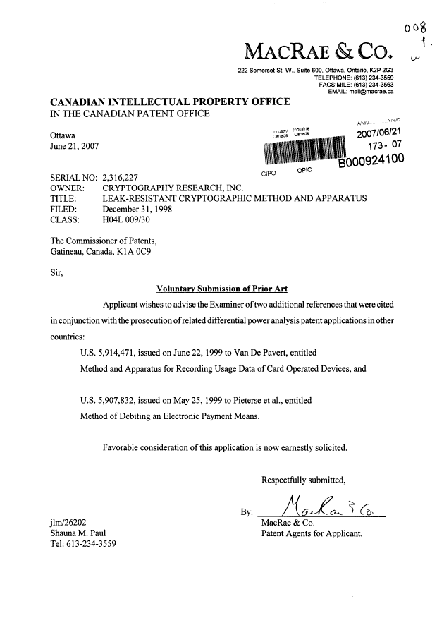 Canadian Patent Document 2316227. Prosecution-Amendment 20061221. Image 1 of 1
