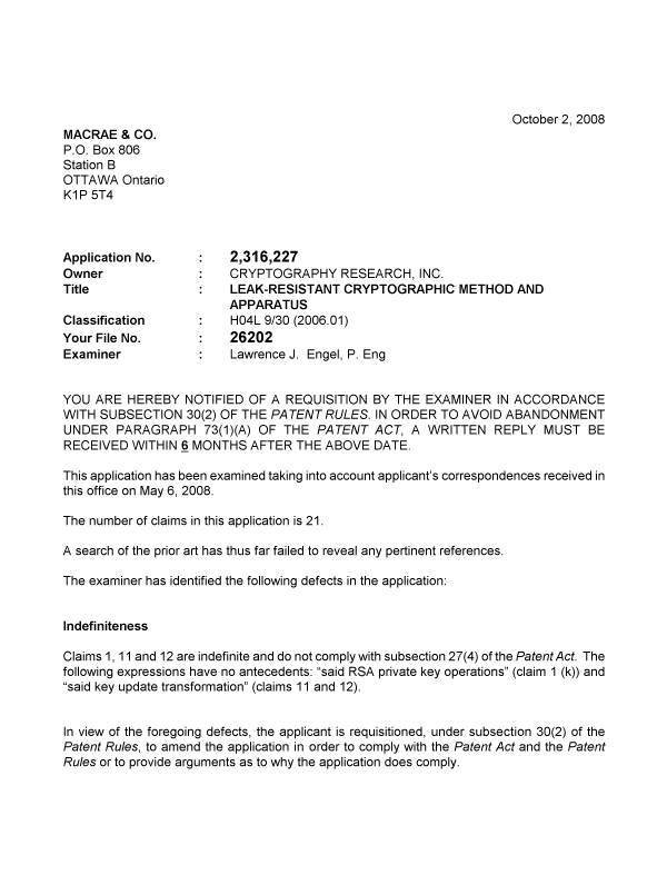 Canadian Patent Document 2316227. Prosecution-Amendment 20071202. Image 1 of 2