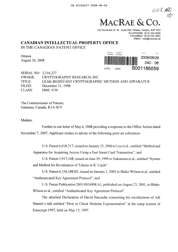 Canadian Patent Document 2316227. Prosecution-Amendment 20071226. Image 1 of 3