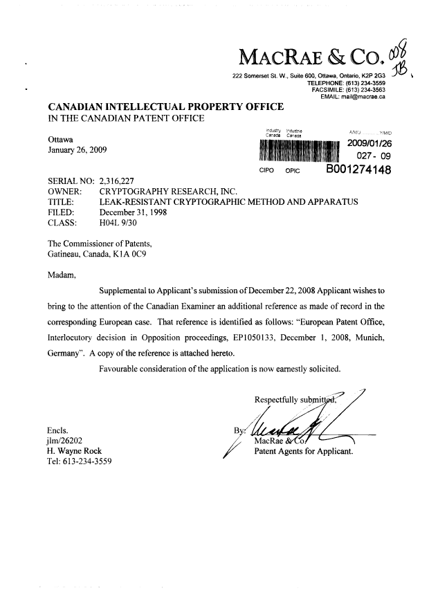 Document de brevet canadien 2316227. Poursuite-Amendment 20081226. Image 1 de 1