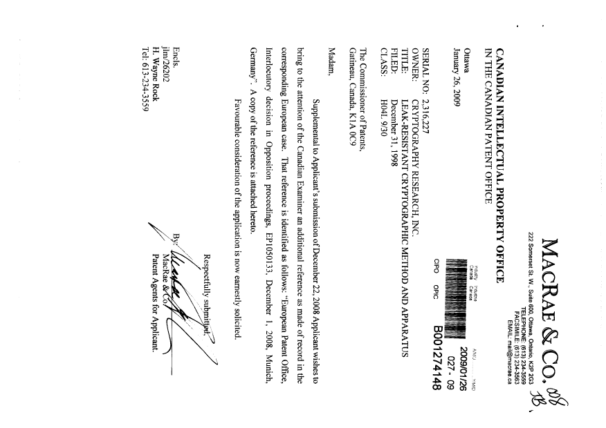 Document de brevet canadien 2316227. Poursuite-Amendment 20081226. Image 1 de 1