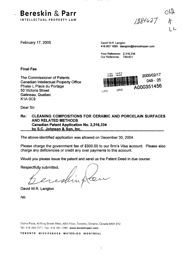 Document de brevet canadien 2316334. Correspondance 20050217. Image 1 de 1