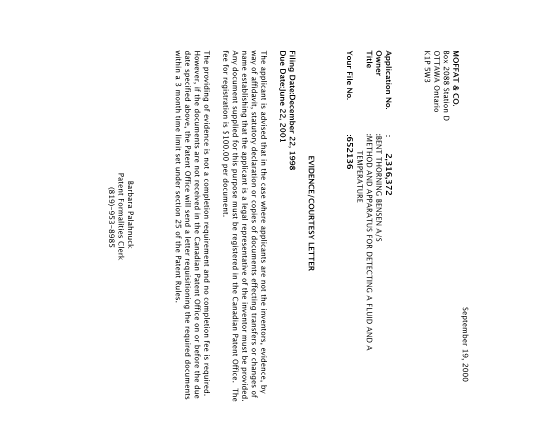 Canadian Patent Document 2316372. Correspondence 20000913. Image 1 of 1