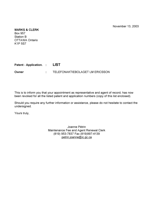 Canadian Patent Document 2316889. Correspondence 20031114. Image 1 of 1