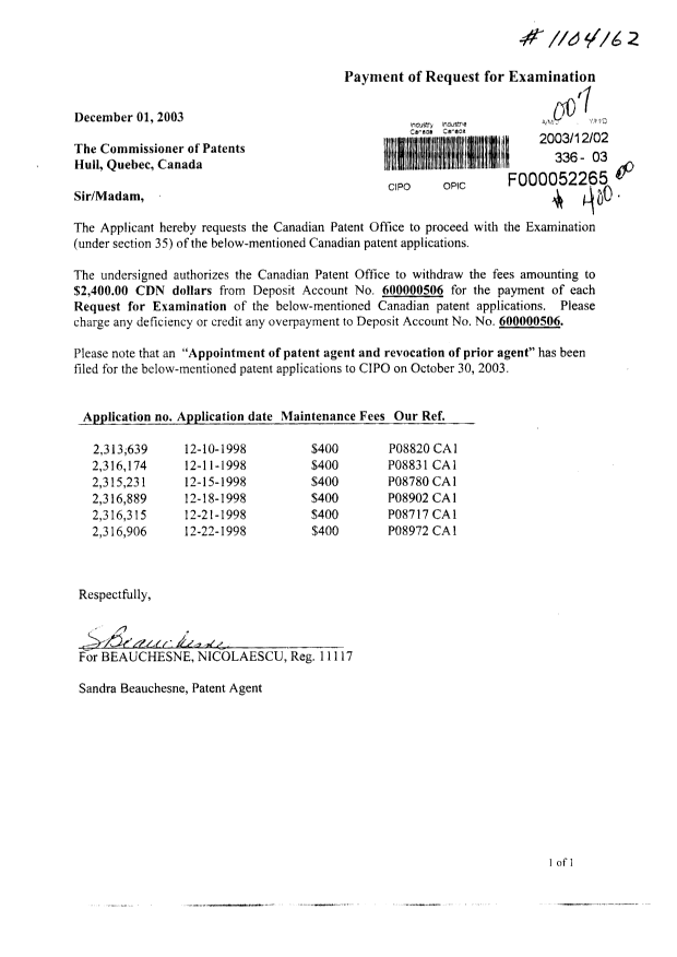 Canadian Patent Document 2316889. Prosecution-Amendment 20031202. Image 1 of 1