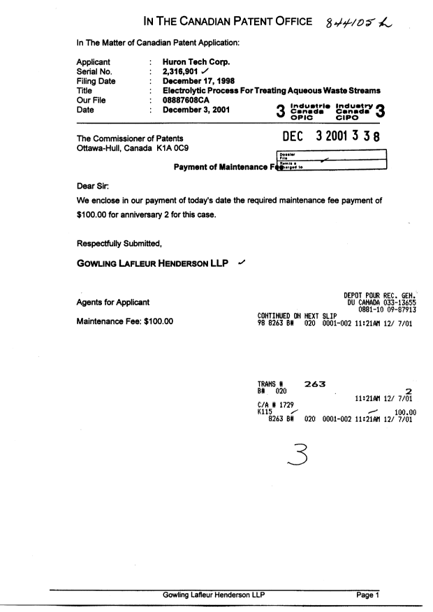 Document de brevet canadien 2316901. Taxes 20011203. Image 1 de 1