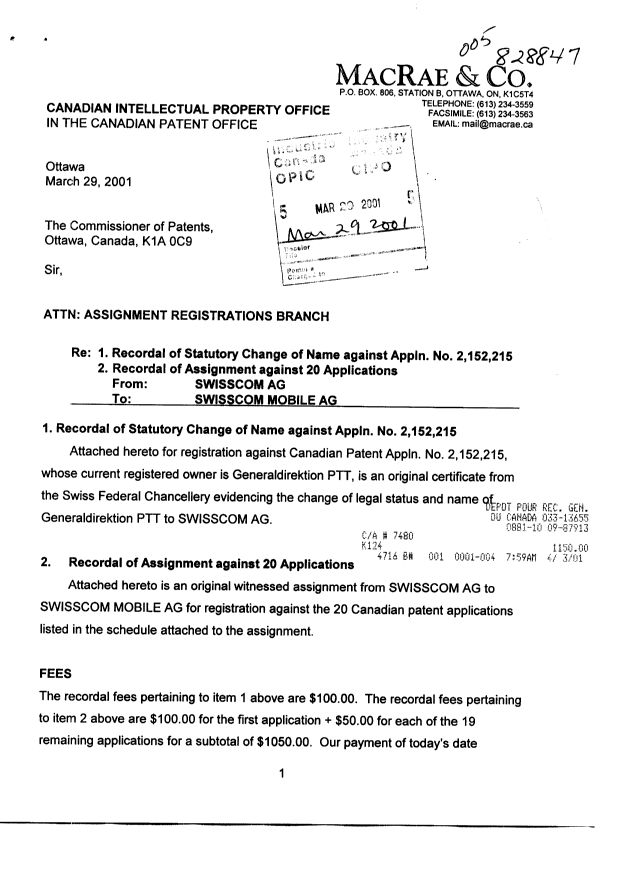 Document de brevet canadien 2316925. Cession 20010329. Image 1 de 5