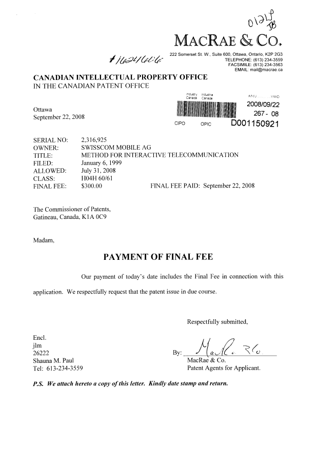 Canadian Patent Document 2316925. Correspondence 20080922. Image 1 of 1