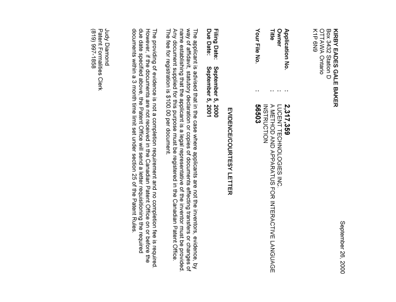 Canadian Patent Document 2317359. Correspondence 20000921. Image 1 of 1