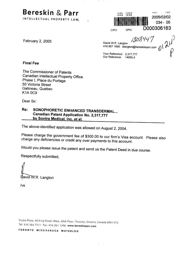 Canadian Patent Document 2317777. Correspondence 20050202. Image 1 of 1