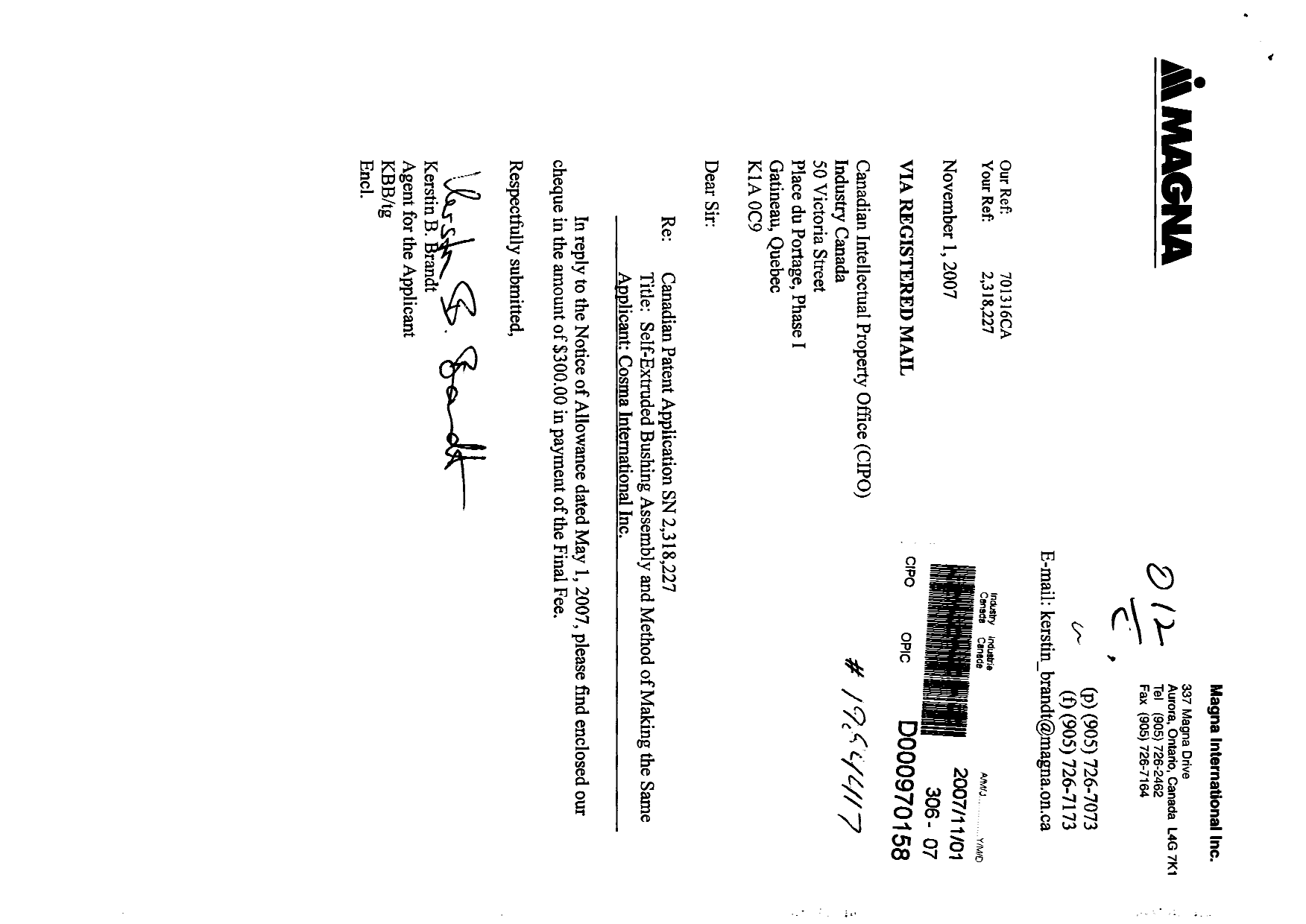 Canadian Patent Document 2318227. Correspondence 20071101. Image 1 of 1
