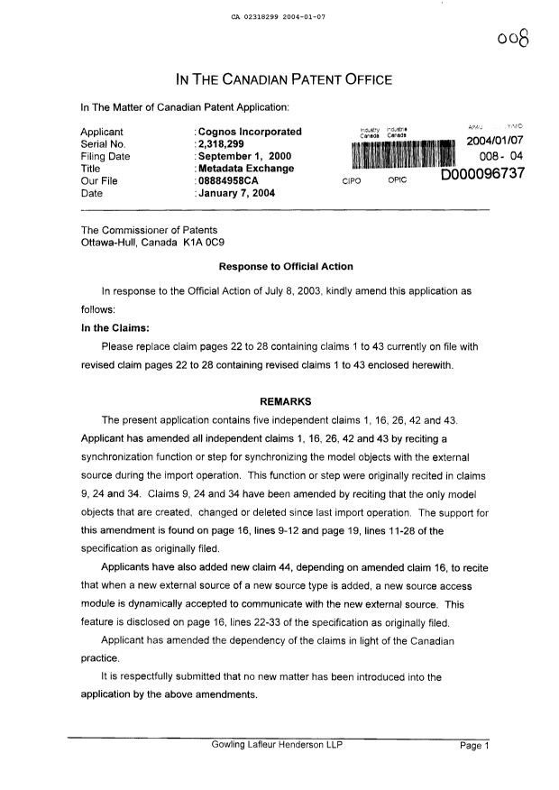 Canadian Patent Document 2318299. Prosecution-Amendment 20040107. Image 1 of 11