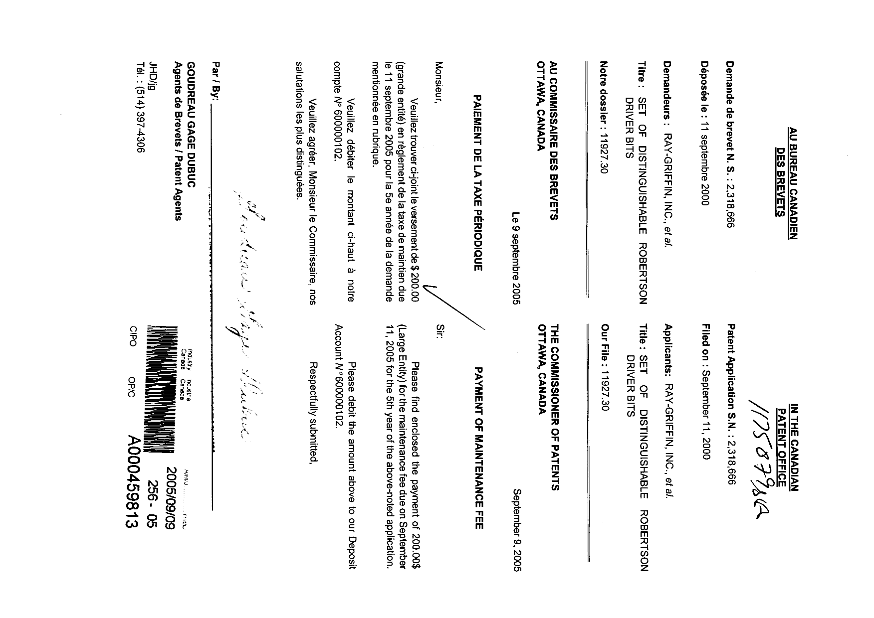 Canadian Patent Document 2318666. Fees 20041209. Image 1 of 1