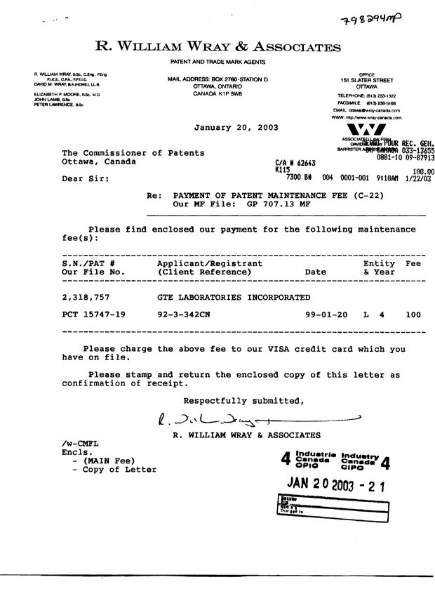 Document de brevet canadien 2318757. Taxes 20030120. Image 1 de 1