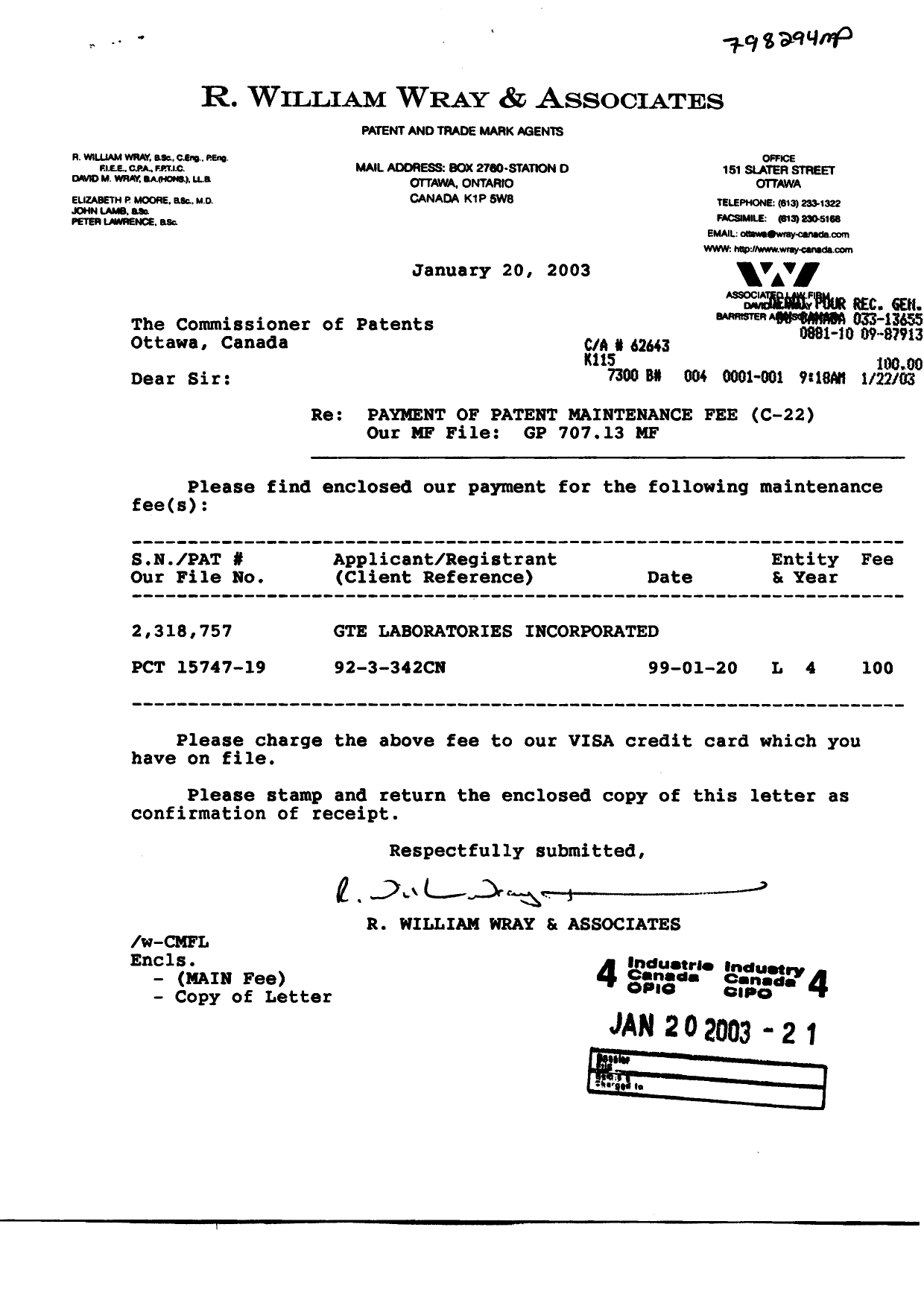 Document de brevet canadien 2318757. Taxes 20030120. Image 1 de 1