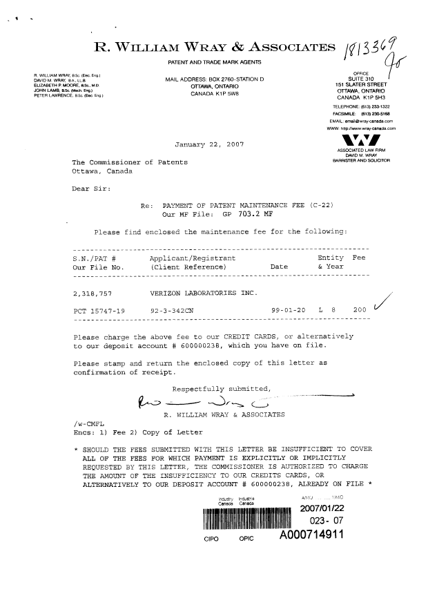 Document de brevet canadien 2318757. Taxes 20061222. Image 1 de 1