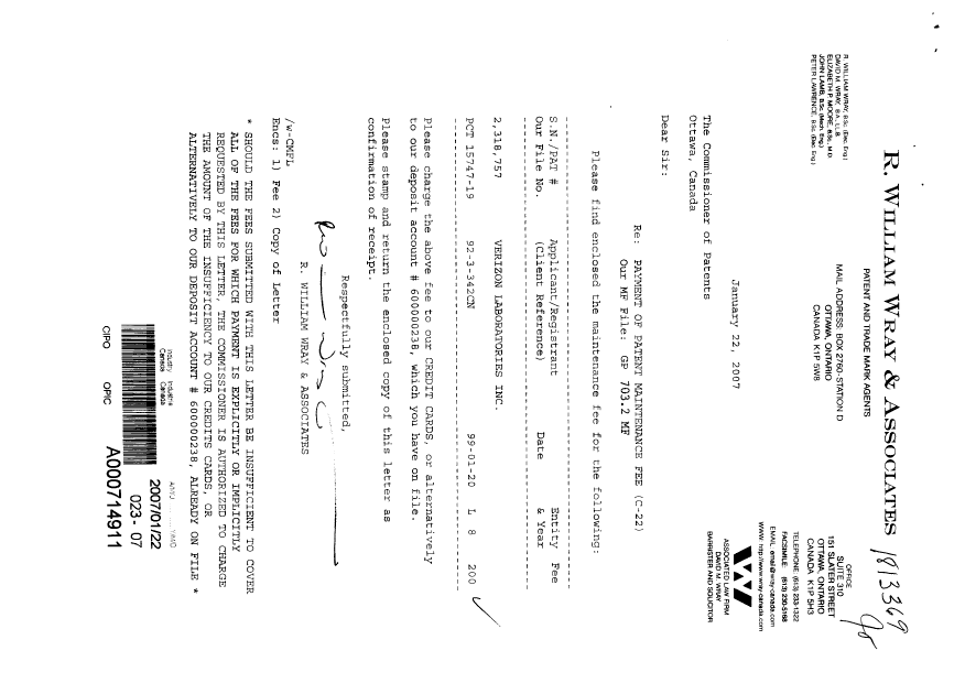 Document de brevet canadien 2318757. Taxes 20061222. Image 1 de 1