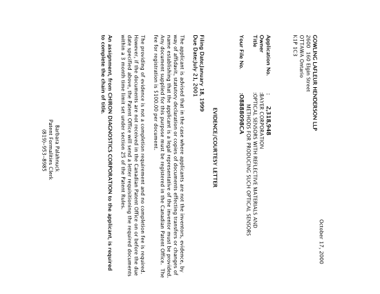 Canadian Patent Document 2318948. Correspondence 20001012. Image 1 of 1
