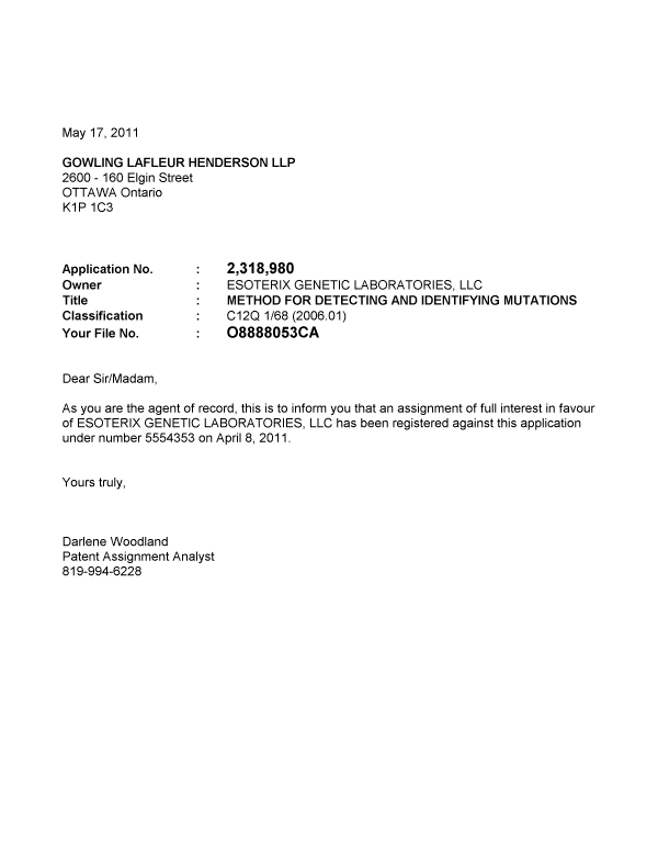 Canadian Patent Document 2318980. Correspondence 20110517. Image 1 of 1