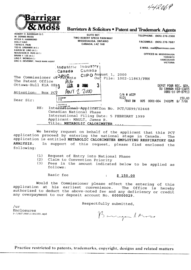 Canadian Patent Document 2320238. Assignment 20000802. Image 1 of 2
