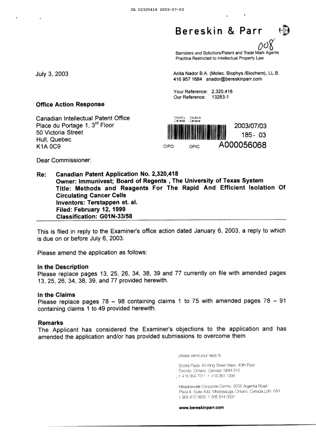 Document de brevet canadien 2320418. Poursuite-Amendment 20030703. Image 1 de 28