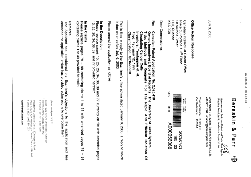 Canadian Patent Document 2320418. Prosecution-Amendment 20030703. Image 1 of 28