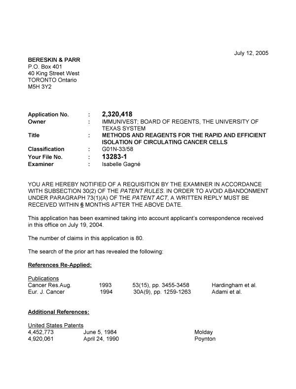 Document de brevet canadien 2320418. Poursuite-Amendment 20050712. Image 1 de 3