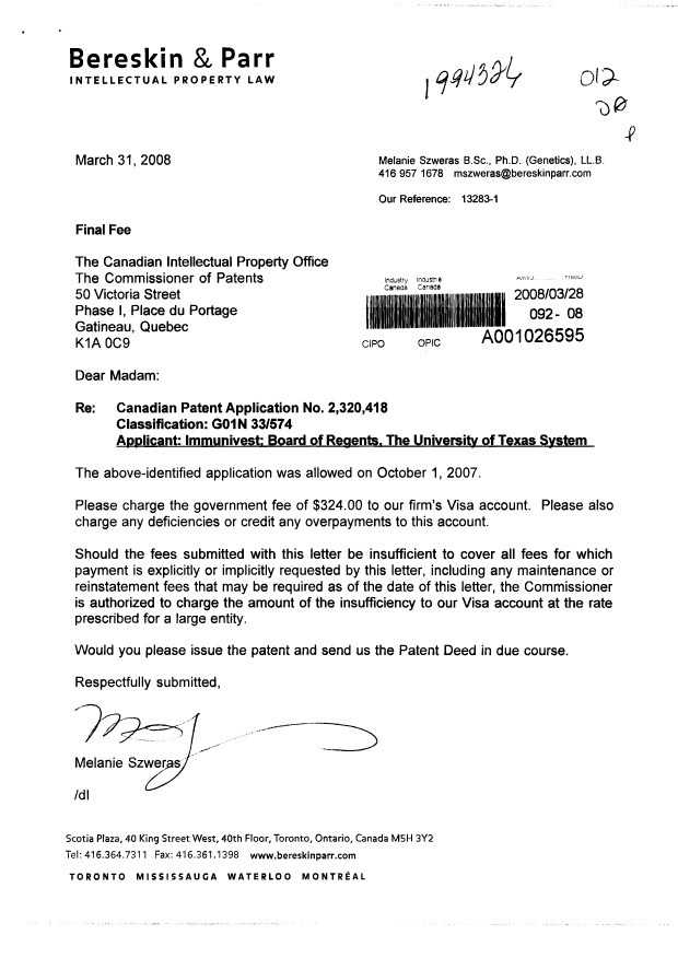 Canadian Patent Document 2320418. Correspondence 20080328. Image 1 of 1