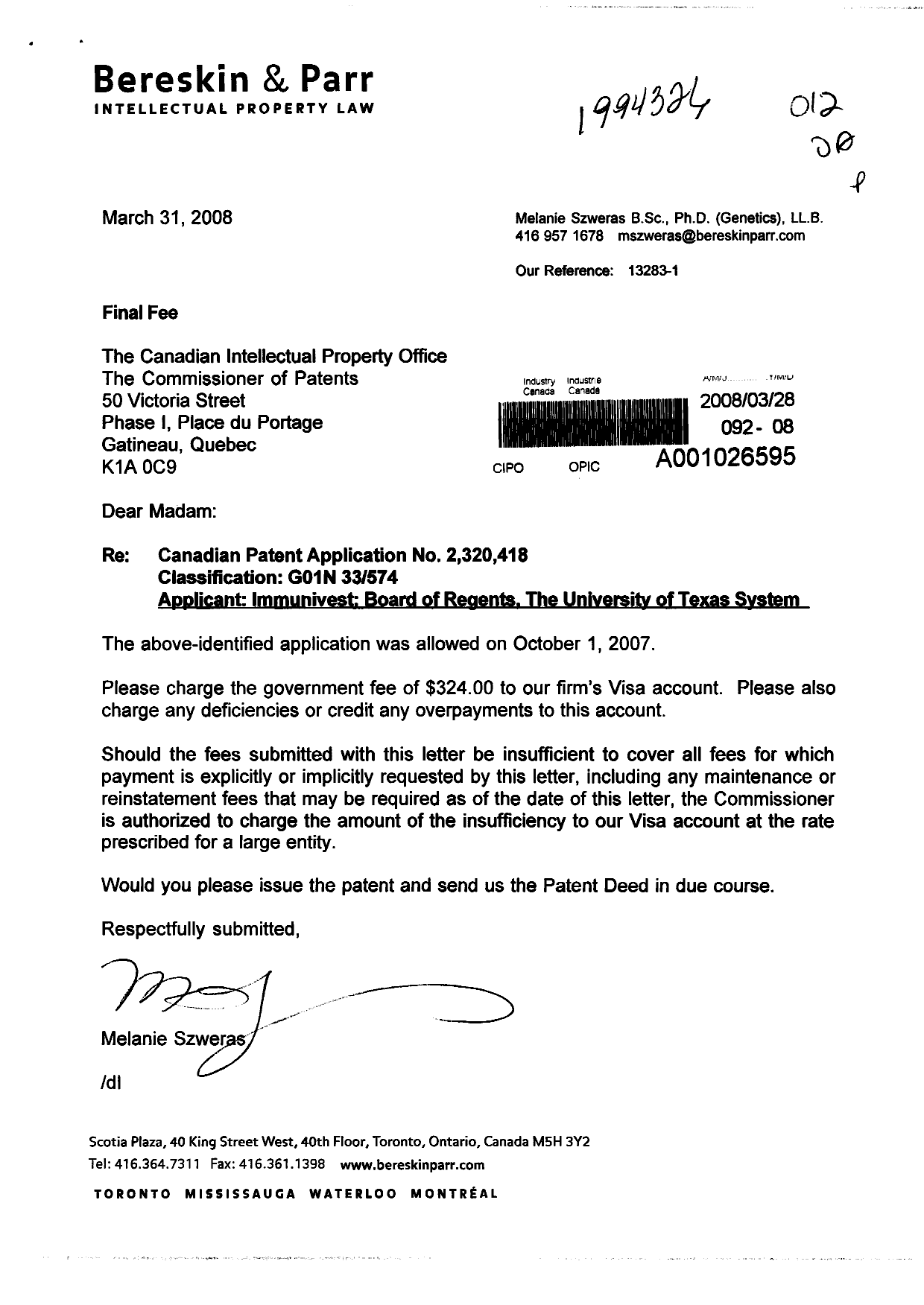 Canadian Patent Document 2320418. Correspondence 20080328. Image 1 of 1