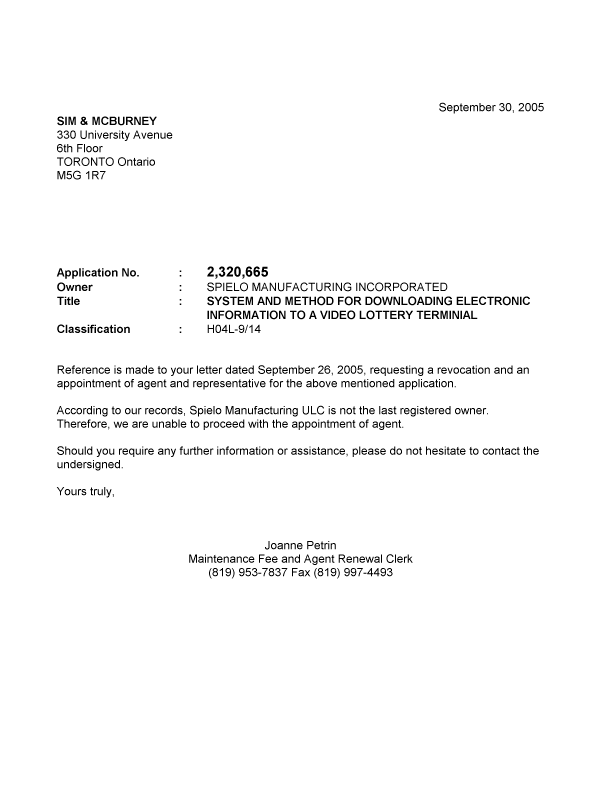 Canadian Patent Document 2320665. Correspondence 20050930. Image 1 of 1