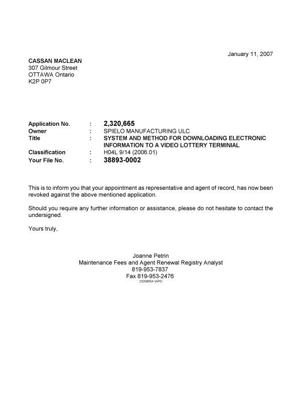 Canadian Patent Document 2320665. Correspondence 20070111. Image 1 of 1