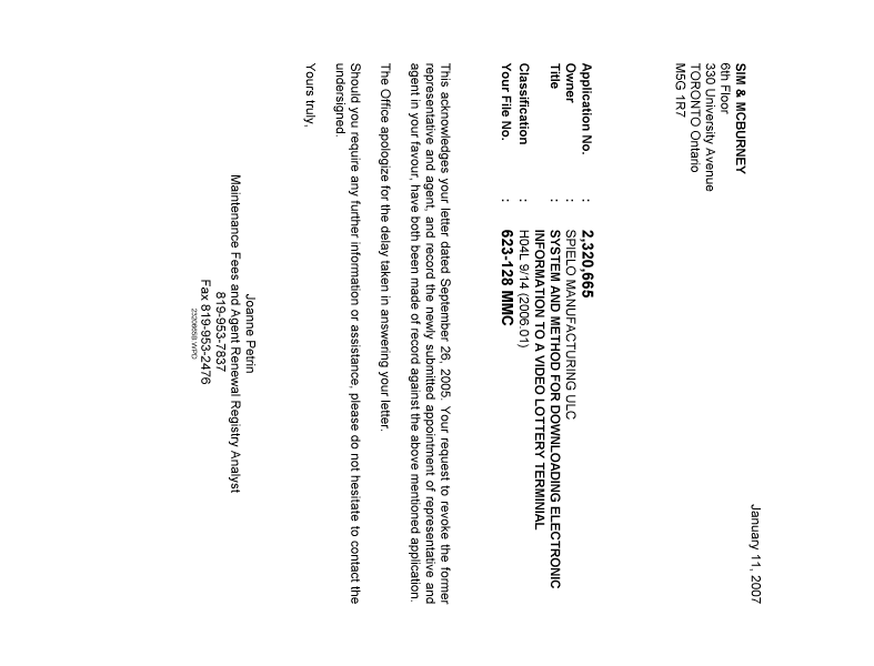 Document de brevet canadien 2320665. Correspondance 20070111. Image 1 de 1