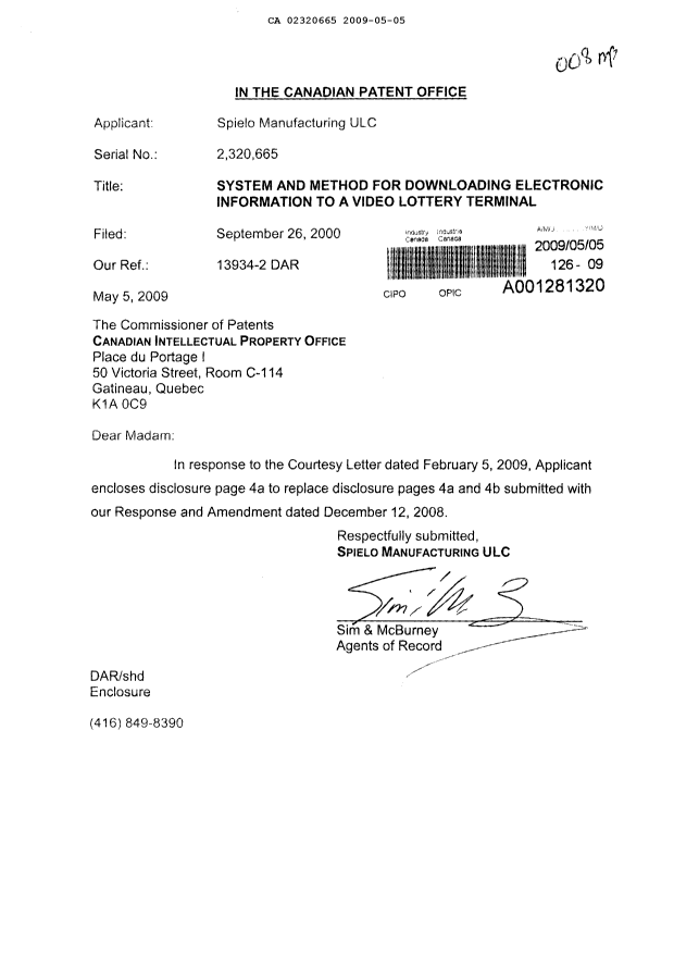 Canadian Patent Document 2320665. Prosecution-Amendment 20090505. Image 1 of 2